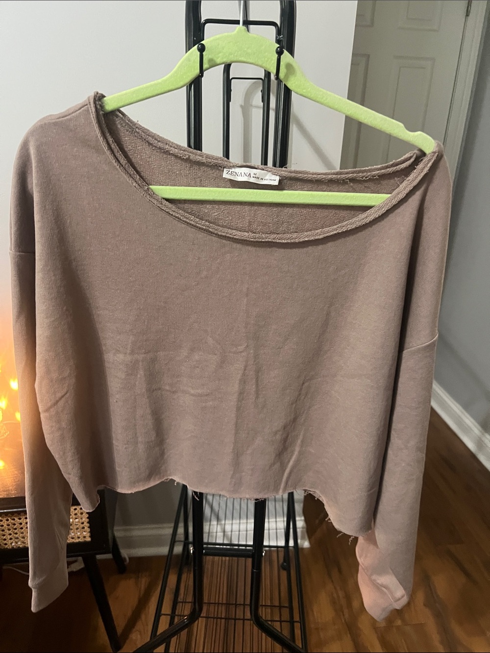 Zenana Mocha Cropped Long-Sleeve Boatneck Top